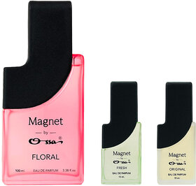 Ossa Magnet Floral 100ml,Fresh 15ml,Original 15ml Eau De Parfum Long Lasting Perfume Combo for Men And Women (Pack Of 3)