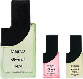 Ossa Magnet Fresh 100ml,Floral 15ml,Original 15ml Eau De Parfum Long Lasting Perfume Combo for Men And Women (Pack Of 3)