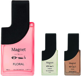 Ossa Magnet Floral 100ml, Oud 15ml, Fresh 15ml Eau De Parfum Long Lasting Perfume Combo for Men And Women (Pack Of 3)