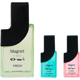 Ossa Magnet Fresh 100ml, Aqua 15ml And Floral 15ml Unisex EDP Long Lasting Perfume Combo For Men And Women (Pack Of 3)