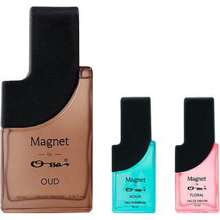 Ossa Magnet Oud 100ml, Aqua 15ml And Floral 15ml Unisex EDP Long Lasting Perfume Combo For Men And Women (Pack Of 3)
