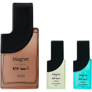 Ossa Magnet Oud 100ml, Fresh 15ml And Aqua 15ml Unisex EDP Long Lasting Perfume Combo For Men And Women (Pack Of 3)