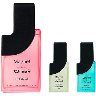 Ossa Magnet Floral 100ml, Fresh 15ml And Aqua 15ml Unisex EDP Long Lasting Perfume Combo For Men And Women (Pack Of 3)