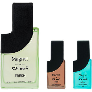 Ossa Magnet Fresh 100ml, Oud 15ml And Aqua 15ml Unisex EDP Long Lasting Perfume Combo For Men And Women (Pack Of 3)