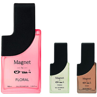 Ossa Magnet Floral 100ml, Oud 15ml, Fresh 15ml Eau De Parfum Long Lasting Perfume Combo for Men And Women (Pack Of 3)