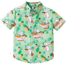 Boys Robot Print Short Sleeve Button Down Shirt, White with Blue and Yellow Pattern, Casual Cotton