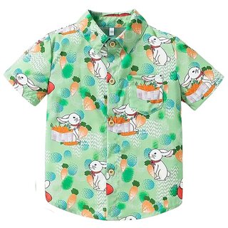 Boys Robot Print Short Sleeve Button Down Shirt, White with Blue and Yellow Pattern, Casual Cotton