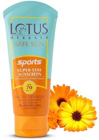 Lotus Herbals Safe Sun Sports Super-Stay Sunblock SPF 70 PA+++ Calendula and Chamomile Preservative Free  80 g