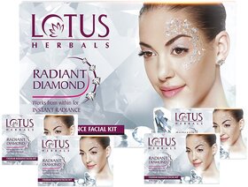Lotus Herbals Radiant Diamond Cellular Radiance 4 In 1 Facial Kit  With Diamon Dust  Cinnamon  All Skin  4x37g