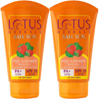 Lotus Herbals Safe Sun Sunscreen Cream - Breezy Berry Spf 20 Pa+ Sweat  Waterproof, Non-Greasy100G (Pack Of 2)
