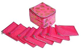 Aronkart Creation Brocade Jewellery Box Organizer Multipurpose Jewellery Storage Bag Travel Kit Organizer with 10 Pouch (Pink)