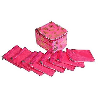 Aronkart Creation Brocade Jewellery Box Organizer Multipurpose Jewellery Storage Bag Travel Kit Organizer with 10 Pouch (Pink)