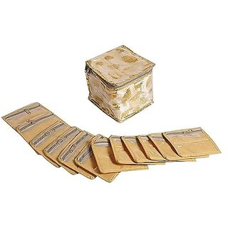 Aronkart Creation Brocade Jewellery Box Organizer Multipurpose Jewellery Storage Bag Travel Kit Organizer with 10 Pouch (Gold)