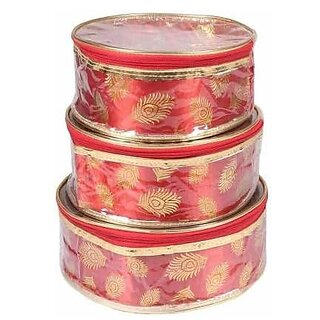 Aronkart Creation Set of 3 Round Shape Makeup Organizer Jewellery Organizer for Women Girls Makeup and Jewellery Vanity Box (Beige Gold) (Red)