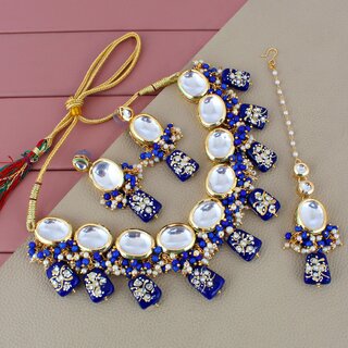18K Gold-Plated Back Meenakari Kundan Necklace | Elegant Blue Color Necklace Set for Women & Girls