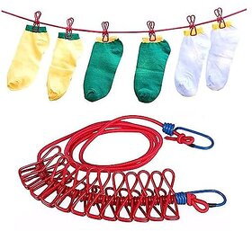 Multi Functional Portable Drying Rope with 12 Clips and 2 Hooks Travel Clothesline Rope Clothes Hanging Hook Outdoor Indoor Wind-Proof Clothesline (Multicolour)