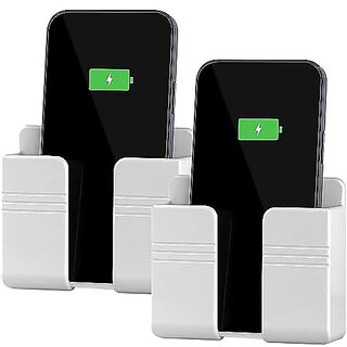 (Pack of 2) Wall Mount Mobile Holder Storage Case for TV/AC Remote Wall Mounted Mobile Stand Multi Purpose Stand with Hole for Phone Charging (White)
