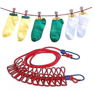 Multi Functional Portable Drying Rope with 12 Clips and 2 Hooks Travel Clothesline Rope Clothes Hanging Hook Outdoor Indoor Wind-Proof Clothesline (Multicolour)