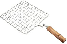 Roaster Barbecue Net Jali Griller Chapati Toast Grill with Wooden Handle Steaming Cooking and Baking Barbeque Jali for Roti Paneer (Square)