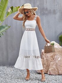 ZELZIS Women Flower Crochet Wide Strap Stylish Midi Dress