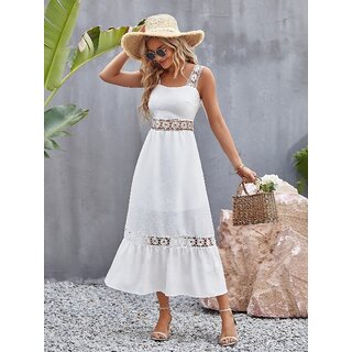 ZELZIS Women Flower Crochet Wide Strap Stylish Midi Dress