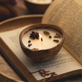 Coconut Shell Spice Candle/Diya  Eco-Friendly Scented Soy Wax Candles for Diwali  Festives - Wooden (Set of 2)