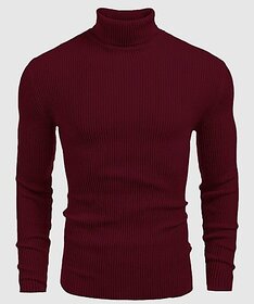 Fashlook Striped High Neck Wool Blend Casual Maroon Full Sleeve T-Shirt For Mens