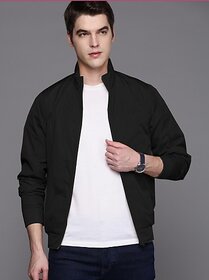 Fashlook Bomber Solid Full Sleeve Black Jacket for Mens