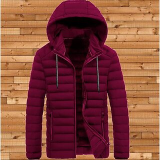 Fashlook Puffer Solid Full Sleeve Maroon Jacket for Mens