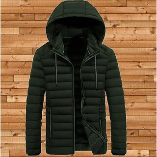 Fashlook Puffer Solid Full Sleeve Dark Green Jacket for Mens