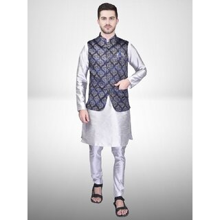 PrintCultr Men Silk Blend Blue Kurta Pyjama Ethnic Jacket Set