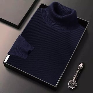 Fashlook Mens Dark Blue Solid High Neck Full Sleeve Sweatshirt