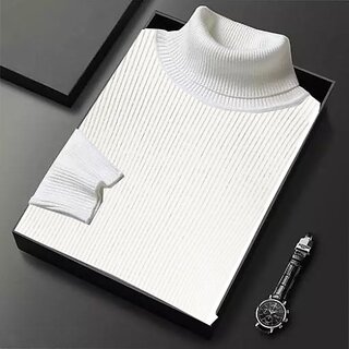 Fashlook Mens White Solid High Neck Full Sleeve Sweatshirt
