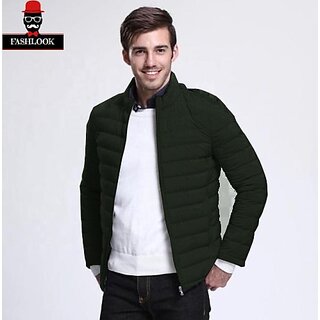 Fashlook Fluffy Solid Full Sleeve Dark Green Jacket for Mens