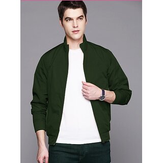 Fashlook Bomber Solid Full Sleeve Dark Green Jacket for Mens