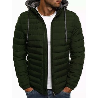 Fashlook Puffer Solid Full Sleeve Dark Green Jacket for Mens