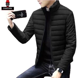 Fashlook Bomber Solid Full Sleeve Black Jacket for Mens