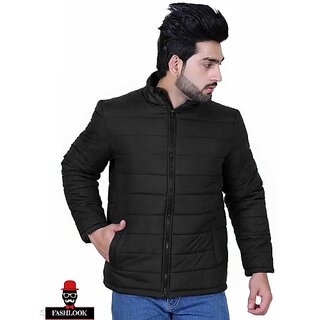 Fashlook Bomber Solid Full Sleeve Black Jacket for Mens