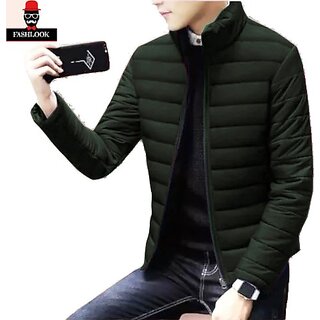 Fashlook Bomber Solid Full Sleeve Green Jacket for Mens