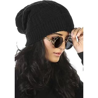 Fashlook Woolen Black Casual Winter Cap