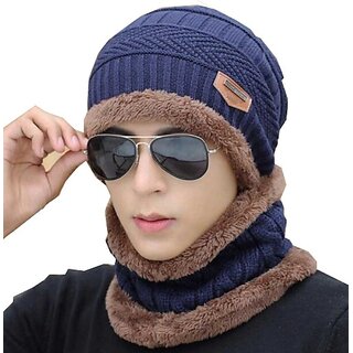 Fashlook Woolen Dark Blue Casual Winter Cap