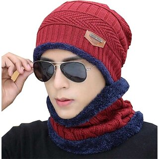 Fashlook Woolen Maroon Casual Winter Cap