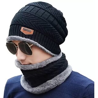 Fashlook Woolen Black Casual Winter Cap