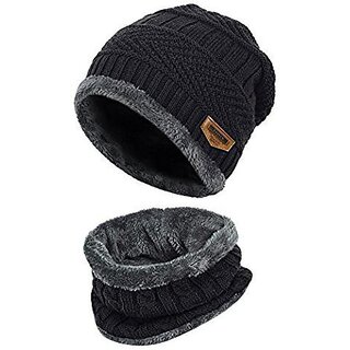 Fashlook Woolen Black Casual Winter Cap