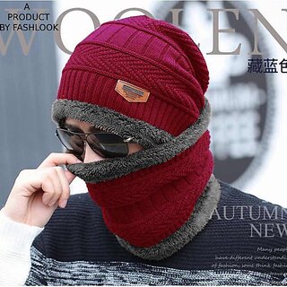 Fashlook Woolen Maroon Casual Winter Cap