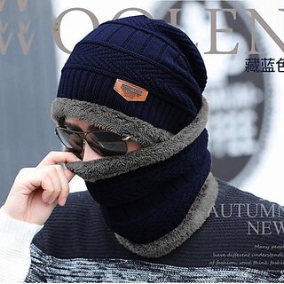 Fashlook Woolen Dark Blue Casual Winter Cap