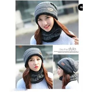 Fashlook Woolen Grey Casual Winter Cap