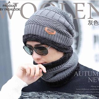 Fashlook Woolen Grey Casual Winter Cap