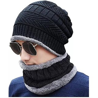 Fashlook Woolen Black Casual Winter Cap