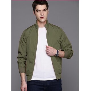 Fashlook Bomber Solid Full Sleeve Green Jacket for Mens